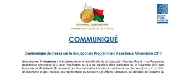 Communiqué de presse :  sur le don japonais Programme d’Assistance Alimentaire 2017